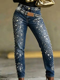 Women Denim Pant High Waist Skinny Stretchy European Casual Daily Fashion Elegant Rhinestone Autumn Spring
