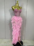 Women Sexy Elegant Evening Party Luxury Birthday Photo Shoot Performance Costume Sparkly Rhinestone Feather Mesh Long Dress