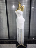 4 Colors Women Sexy Strap Shining Beading Long Tassles Bodycon Long Bandage Dress Elegant Evening Party Celebrate Birthday Wear