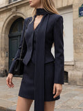 Elegant Pinstripe Skirt Suit Women V Neck Peplum Blazer Mini Skirt Set With Tie Neck Scarf Lady Office Business 2 Piece Outfit