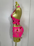 Sexy Evening Party Nightclub Performance Costume Women Birthday Mesh See-Through Pin Decoration Chain Short Dress Two-Piece Set