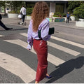 Women 2‑Piece Outfit Glossy Waxed Faux Leather Zip‑Up Jacket And High Waist Split Midi Skirt Set Fall Streetwear Matching Suit