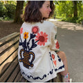 Colorful Flower Printed Pattern Cardigan Women O Neck Long Sleeves Patch Pockets Loose Short Coat Women Daily Commute Outwear