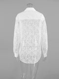 Office Spliced Back Sheer Hollow Blouse for Women Lapel Long Sleeve Patchwork Single Breasted Shirt Female 2026 New