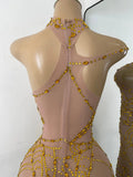 Sparkly Rhinestone Shining Women Sexy Bodycon See Through Irregular Hem Mini Dress Birthday Party Performance Costume