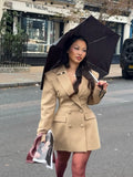 Women Shiny Khaki Blazer Mini Dress V Neck Double Breasted Long Sleeve Slim Waist Formal Cocktail Prom 2026 New Chic Hot Gowns