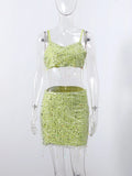 Women's Lime Green Sequined skirts Set 2 pieces sexy Spaghetti Strap Crop Top Mini Skirt with Tassel Lady Party Outfits
