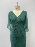 2026 Plus Size Luxury Green Evening Dresses Women Chiffon Sleeve Mermaid Formal Sequins Prom Wedding Party Cocktail Gowns