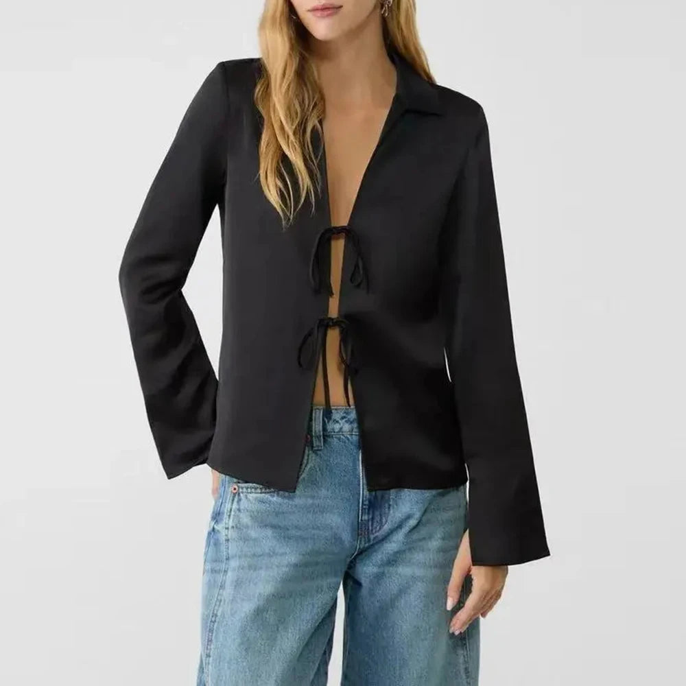 Solid Loose Temperament Blouse for Women Lapel Long Sleeves Patchwork Lace Up Elegant Top Female Fashion Clothing