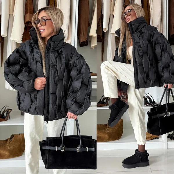 Women Casual Short Padded Puffer Coat Stand Collar Zipper Closure Elastic Cuff Quilted Loose Jacket 2026 Winter Street Outerwear