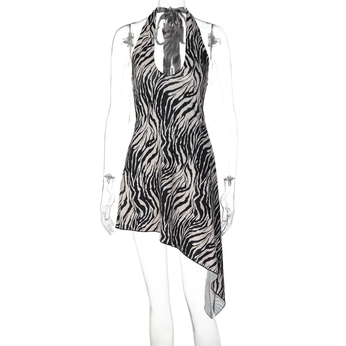 Zebra Print Halter Dress Y2k Deep V Neck Backless Irregular Hem Mini Gown 2026 Autumn Women's Nightclub Party Street Sundress