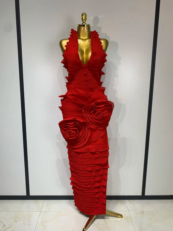 Women Sexy Backless Red Ruffled Flower Maxi Long Bodycon Bandage Dress Celebrity Elegant Evening Party Nightclub Birthday Dress