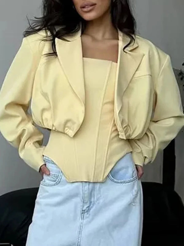 Two Piece Set for Women Strapless Spliced Fish Bone Vest with Lapel Long Sleeve Short Coat Hot Girl Suit Female New