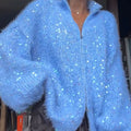 Fuzzy Sequin Zipper Women Cardigan Stand Collar Long Sleeve Loose Knitted Jacket Oversized Sequined Furry Knit Casual Winter Top