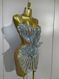 Women Sexy Strapless Mesh See Through Eveing Birthday Party Nightclub Stage Wear Sparkly Butterfly Rhinestone Sequins Mini Dres