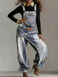 Women Denim Jumpsuit Sleeveless High Waist Baggy Rhinestone Irregular Patchwork Streetwear Party Summer