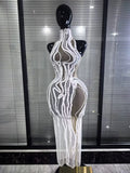 White Shining Rhinestones Women Sexy Off the Shoulder Mesh See Through Bodycon Long Dress Nightclub Party Performance Costumes