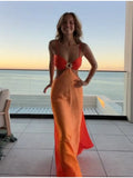 2026 Chic Gradient Hollow Out Maxi Dress Women Sexy Backless Sleeveless Sling Long Dress Summer Vacation Boho Beach Satin Outfit