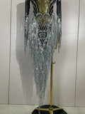 Women Evening Birthday Party Nightclub Dance Singer Stage Outfit Sexy Sparkly Rhinestone Sequins Tassel Mesh Transparent Dress