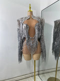 Sexy Mesh See Through Rhinestones Two Pieces Dress Coat Sets Women Sparkly Tassels Performance Singer Dancer Stage Costume