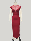 Black Burgundy Sexy Mesh Patchwork Bodycon Midi Bandage Elasticity Dress Women's Basic Fashion Club Party Vestidos