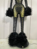 Luxury Diamond Black Mesh Transparent Stretchy Long Sleeve Jumpsuit Women Sexy Performance Singer Costume Nightclub Outfit