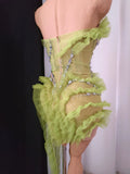Luxury Green Sheer Mesh Ruffle Dress Neck Crystal Rhinestone Trim Cut Out Slim Fit Evening Wedding Guest Cocktail Party Dress