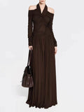 Elegant Women Folds Solid Slim Maxi Dresses Women Halter Neck Long Sleeve High Waist Long Dress Female Party Prom Gowns