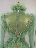 Sexy Mesh Ruffled Sparkly Rhinestones Long Sleeves See Through Mini Dress Women Eveing Party Birthday Dance Nightclub Stage Wear