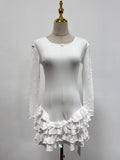 Solid Slimming Spliced Bows Dresses for Women Round Neck Long Sleeves Patchwork Ruffles Fold Dress Female Clothing