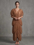 Sexy V Neck Tiered Folds Design Long Dress Women Sleeveless Multi-Layered Draped Temperament Dresses Evening Party Gowns