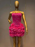 Luxury Sexy Rhinestone Strapless Prom Dress 3D Flower Off Shoulder Backless Bodycon Bandage Mini Wedding Guest Cocktail Gowns