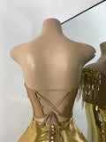 Sparkly Diamonds Top Mini Skirt Sets Gold Nightclub Performance Outfit Luxury Party Stage Celebrity Two Pieces Sets