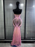 Luxury Pink Sparkly Squined Mermaid Dress Strapless Mesh See Transparent Birthday Party Outfit Celebrate Show Designer Vestidos