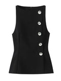 Black Fashion Basics Waistcoat for Women Round Neck Sleeveless Patchwor Diamonds Office Vest Female 2026 New Style