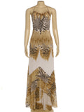 Sexy Fashion Long Dress Woman Leopard Print Lace-Up Halter Backless Sleeveless Shape Waist Ruffles Elegant Vestidos