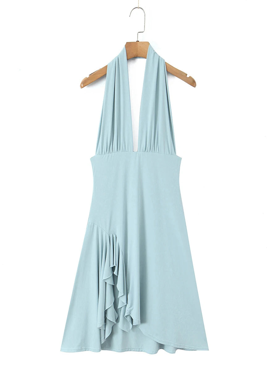 Vacation Pink Backless Mini Dress Female Plunge Neck Sleeveless Slimming Asymmetrical Hem for Urban Street Style