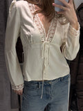 Sexy V-neck Lace Patchwork Solid Top Women Short Sleeve Single Breasted Lace Up Loose Tops Female Spring Chic Casual Streetwear