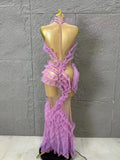 Luxurious Vibrant Ruffled Sheer Crystal-Embellished Pattern Gown Sexy Performance Costume Nightclub Glamorous Formal Event Gown