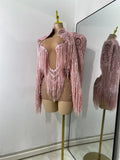 Sexy Mesh See Through Rhinestones Two Pieces Dress Coat Sets Women Sparkly Tassels Performance Singer Dancer Stage Costume