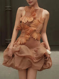 Fashion Orange 3D Floral Appliquet Mini Dress for Women Sleeveless O Neck Slim Sheer Tulle Puffed Skirt for Themed Parties