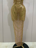 2026 Women Birthday Party Gown Stage Singer Performance Costume Luxury Sparkly Gold Rhinestone Sexy Transparent Mesh Long Dress
