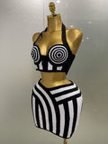 New Women Celebrity Sexy Jacquard Black White Two Piece Bodycon Striped Bandage Skirt Set Designer Evening Party Dress