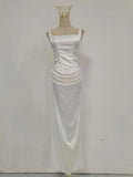 Sexy White Satin Maxi Dresses for Women Square Collar Sleeveless Tunic Fishtail Classic Dinner Dress Female Fashion