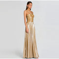 Women's Halter Crisscross Cutout Front Pleated Metallic Maxi Dress Slim Waist Backless New Wide Flare Skirts Floor Length Party