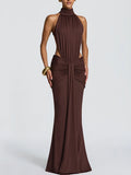 Solid Loose Spliced Folds Chic Dress for Women Halter Sleeveless Sexy Temperament Dresses Female Summer Fashion New