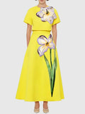 Summer Splicing Flowers Two Piece Sets For Women Short Sleeve Tops High Waist A Line Skirt Slim Set Female Fashion New