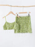Women's Lime Green Sequined skirts Set 2 pieces sexy Spaghetti Strap Crop Top Mini Skirt with Tassel Lady Party Outfits