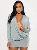 Sexy Ruched Dress Women Deep V-Neck Elegant Peach Hip Full Sleeve Spring Fashion Party Clubwear Skinny Mini Bodycon