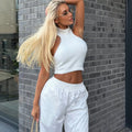 Women's Fuzzy Knit Crop Top Sleeveless Mock Neck Pullover Backless Slim Solid Sexy Y2K Streetwear Casual Party Club Top